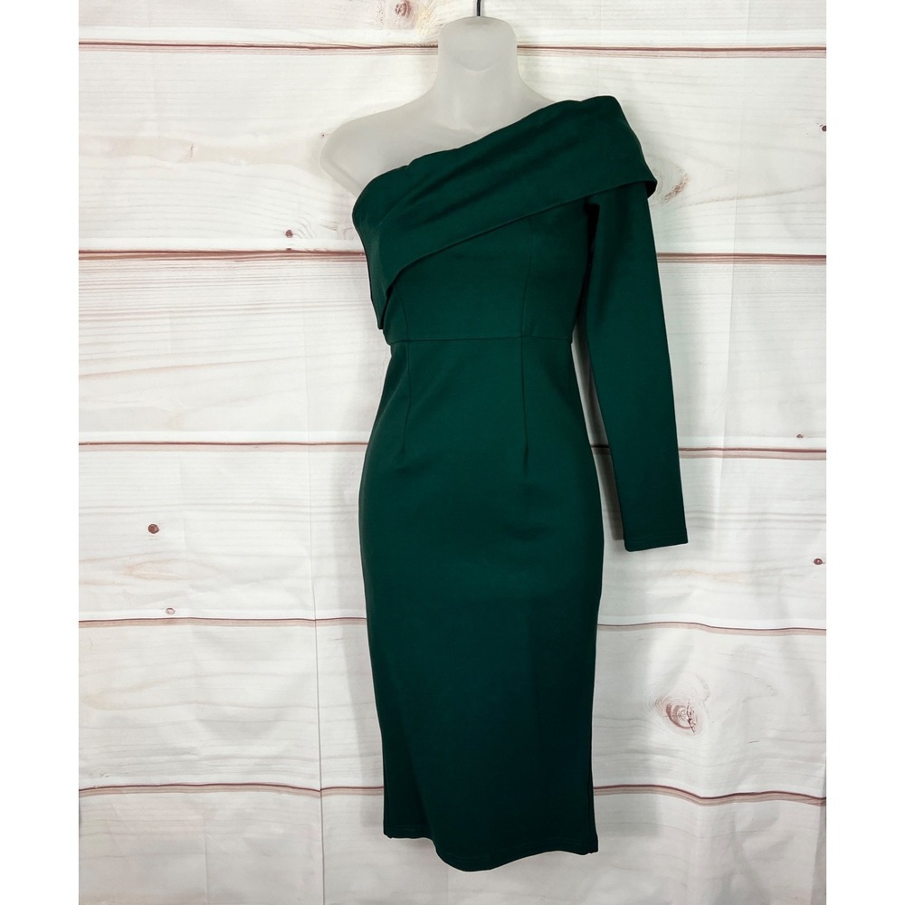 Alieva Dress Womens S Green Ponte Knit Bodycon One Shoulder Long Sleeve Stretch‎